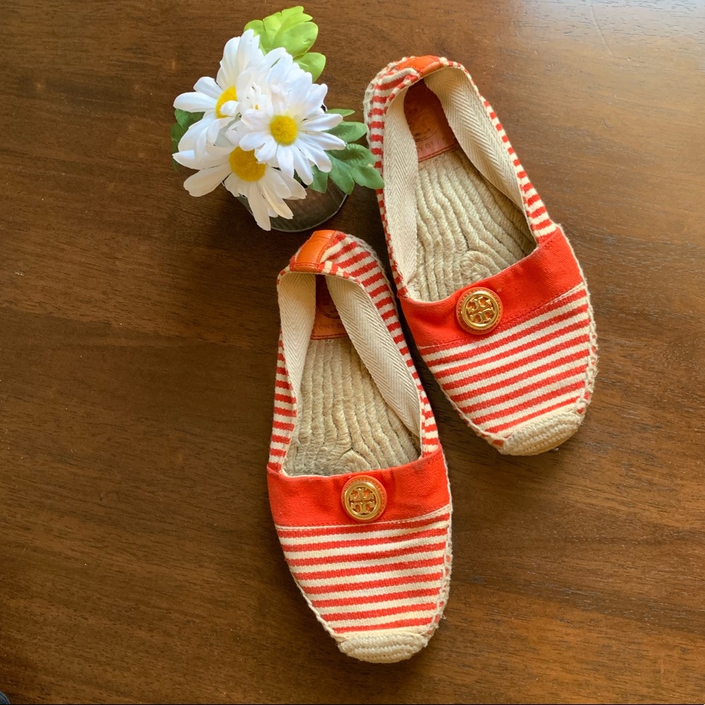 Tory Burch Bleacher Espadrille Red Striped Slip On Canvas Shoes Size 9